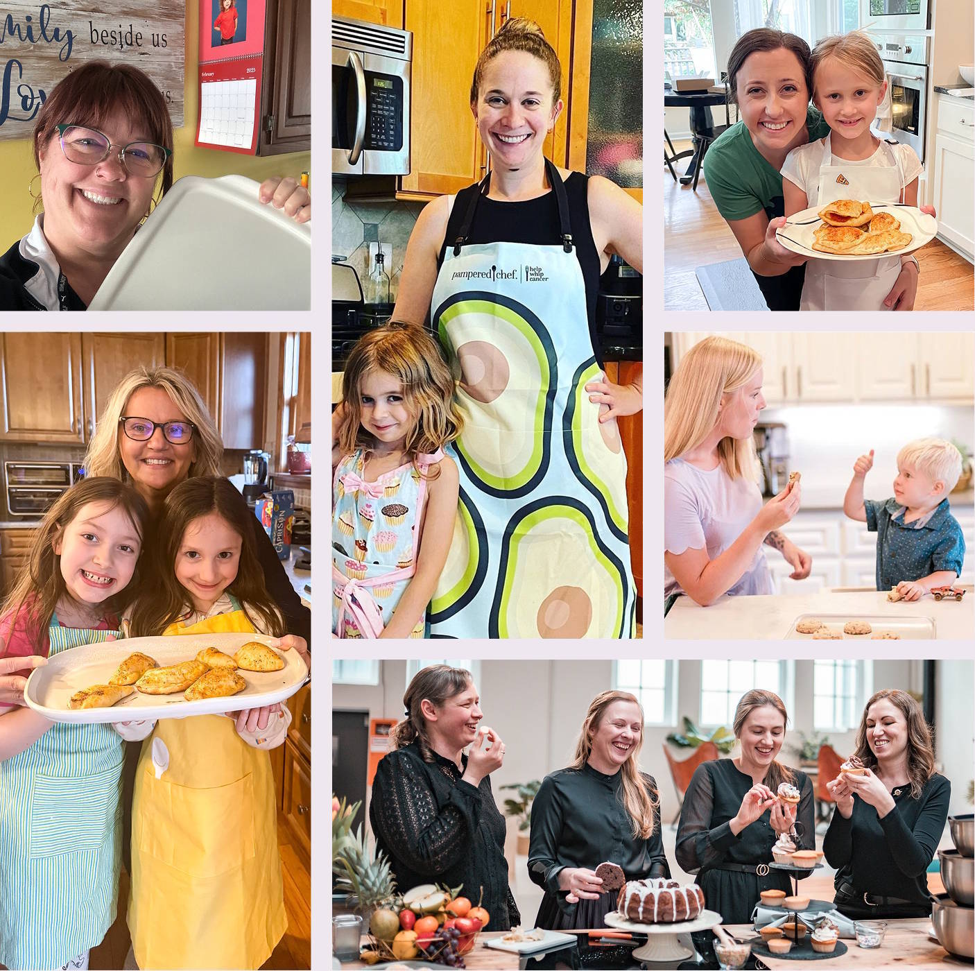 a six picture collage showing consultants working at shows and baking with their families