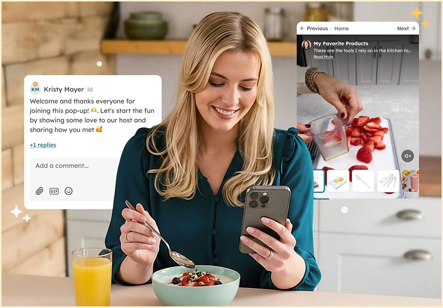 a party hose checking her phone messages relating to the party and looking at a video posted on the Table platform, all while eating breakfast.