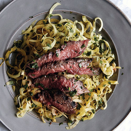 Chimichurri Noodles with Grilled Flank Steak