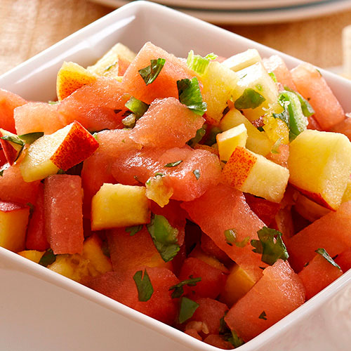 Watermelon & Peach Salsa with Cayenne Chips