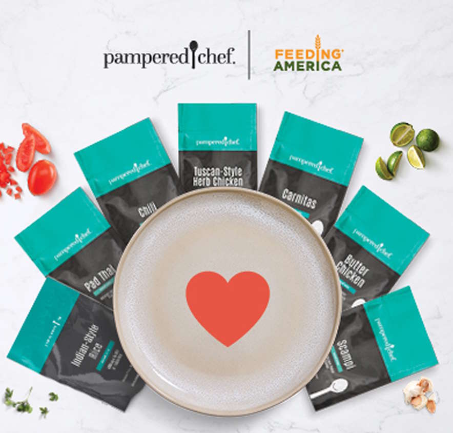 Pampered Chef + Feeding America - Meal Mixes displayed around a plate